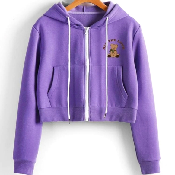 Letter & Bear Print Drawstring Zipper Thermal Hoodie - Picture 1 of 7